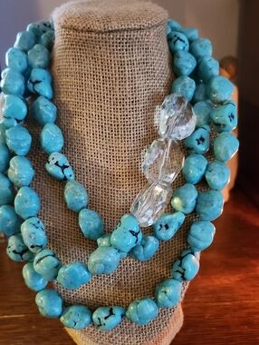Turquoise Beaded Necklace with Clear Accent Beads - Women Jewelry